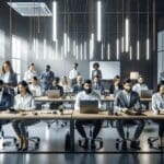 Emprendedores reunidos colaborando en un espacio de coworking moderno con pizarras y tecnología a la vista