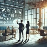Ilustración conceptual de dos emprendedores en una oficina moderna, con pantallas y gráficos digitales al fondo.