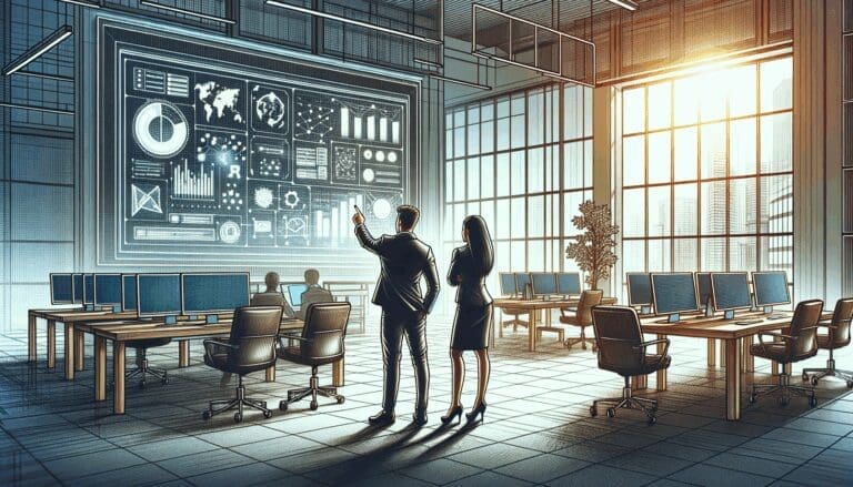 Ilustración conceptual de dos emprendedores en una oficina moderna, con pantallas y gráficos digitales al fondo.
