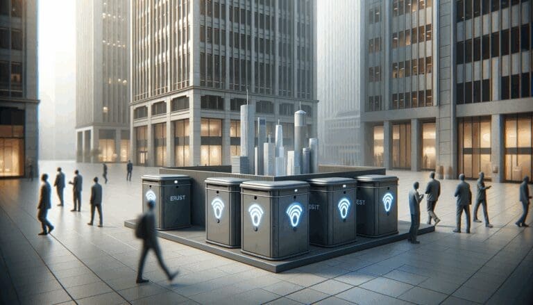 Primer plano de sensores inteligentes instalados en contenedores de basura urbanos.