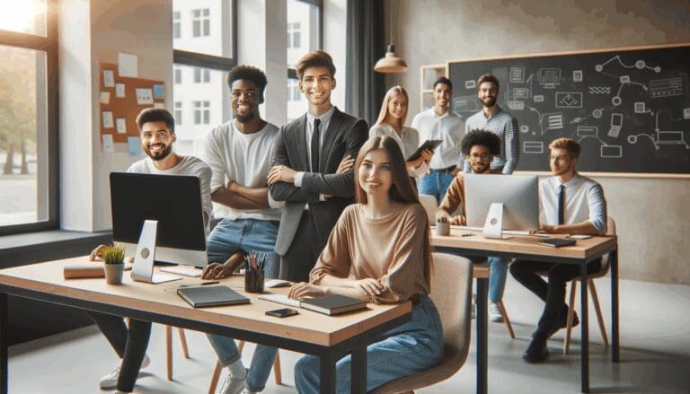 Emprendedores jóvenes colaborando en un espacio de coworking moderno con computadoras y pizarras.