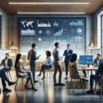 Equipo de emprendedores jóvenes discutiendo frente a pantallas con gráficos de datos, fondo de oficina moderna.