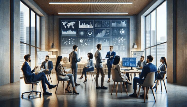 Equipo de emprendedores jóvenes discutiendo frente a pantallas con gráficos de datos, fondo de oficina moderna.