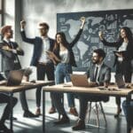 Emprendedores colaborando en un espacio moderno de coworking con pizarras y laptops.