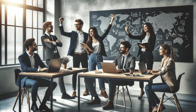 Emprendedores colaborando en un espacio moderno de coworking con pizarras y laptops.