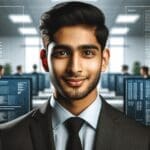 Retrato de un joven profesional frente a pantallas con códigos y gráficos, ambiente moderno y tecnológico.