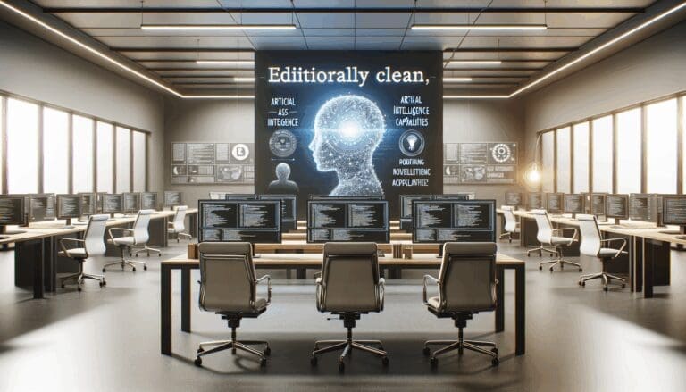 Oficina moderna con equipos de trabajo programando y pantalla de inteligencia artificial al fondo.