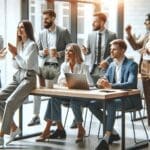 Emprendedores colaborando en un moderno espacio de coworking.