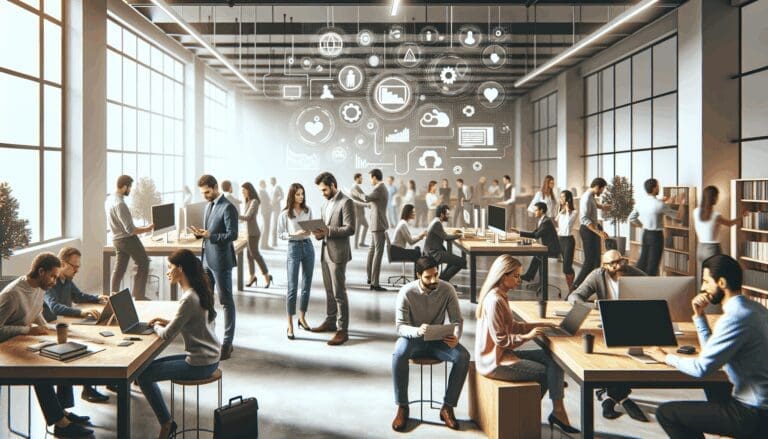 Personas colaborando en un espacio de oficina moderno con dispositivos tecnológicos.