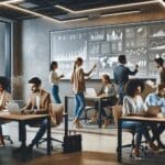 Jóvenes emprendedores colaborando en un espacio de coworking moderno, laptops y pizarras con gráficos digitales.