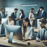 Jóvenes profesionales en una oficina moderna, rodeados de ordenadores y pizarras, trabajando en equipo intensamente.