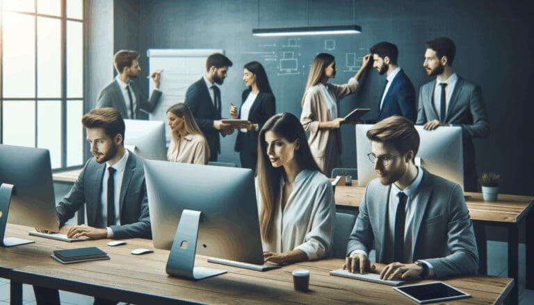 Jóvenes profesionales en una oficina moderna, rodeados de ordenadores y pizarras, trabajando en equipo intensamente.