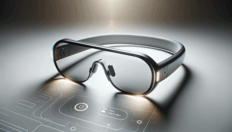 Primer plano de unas gafas inteligentes futuristas sobre una superficie neutra, ambiente minimalista y tecnológico, sin logotipos ni texto.