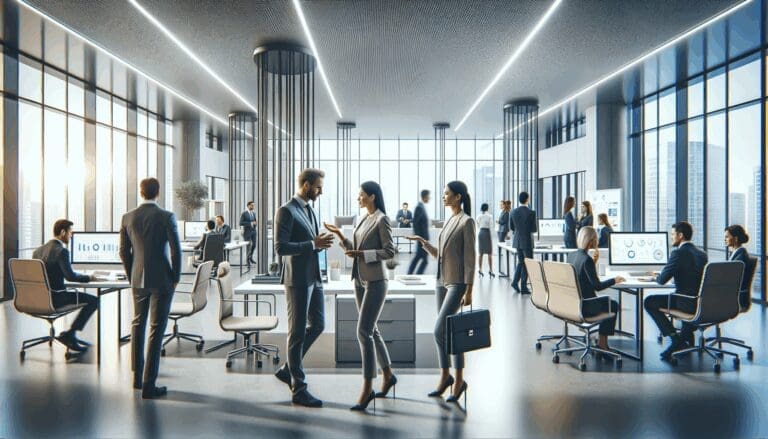Oficinas modernas con equipos tecnológicos y personas conversando en un entorno corporativo