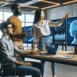 Equipo de desarrolladores colaborando en un entorno de oficina moderno con pantallas mostrando gráficos de inteligencia artificial.