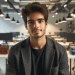 Retrato de un joven emprendedor en un espacio de coworking moderno, rodeado de equipos tecnológicos.