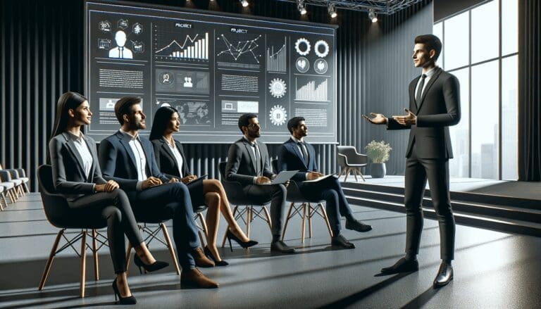 Salón de eventos moderno con emprendedores presentando proyectos frente a un panel de inversionistas.