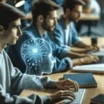 Primer plano de programadores trabajando en soluciones de inteligencia artificial en un espacio moderno de coworking.