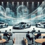 Fotografía de dos vehículos deportivos en exhibición, fondo borroso de un evento tecnológico con personas conversando.