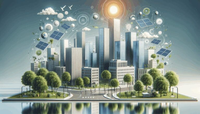 Ilustración digital de una ciudad moderna con startups verdes, árboles y paneles solares en edificios.