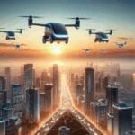 Taxis aéreos eléctricos volando sobre una ciudad moderna al atardecer, entorno futurista y tecnológico.