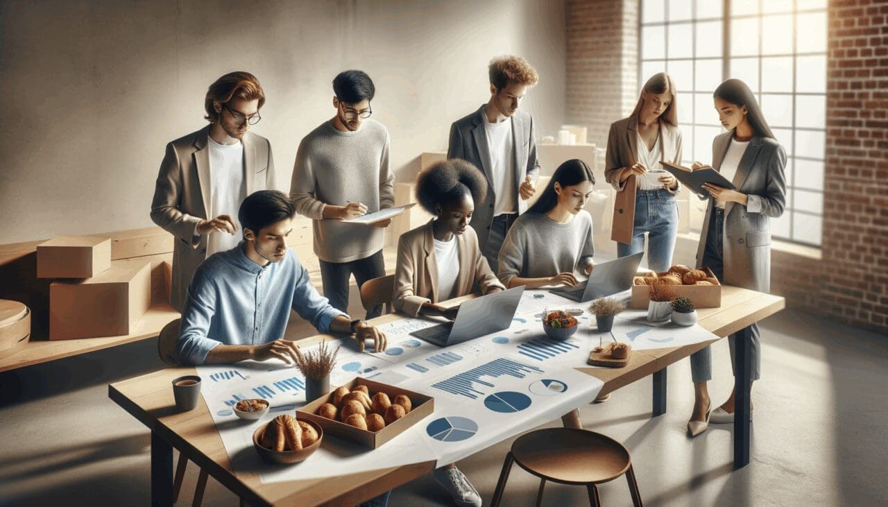Grupo de jóvenes empresarios analizando datos en un entorno de oficina moderno, rodeados de alimentos y laptops.