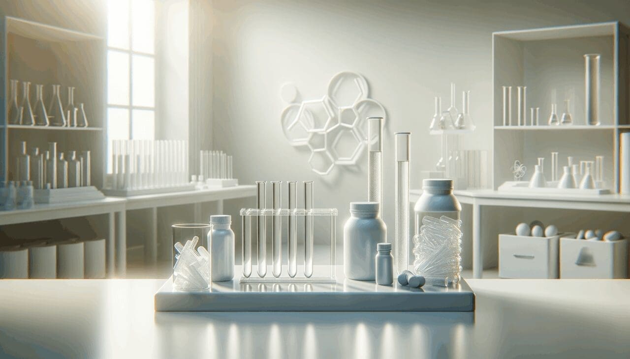 Laboratorio limpio con tubos de ensayo y muestras de bioplástico sobre una mesa blanca, fondo difuminado.