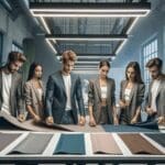 Jóvenes emprendedores revisando telas deportivas en una sala de muestras con iluminación moderna.