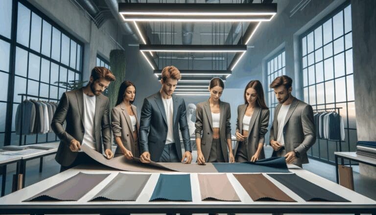 Jóvenes emprendedores revisando telas deportivas en una sala de muestras con iluminación moderna.