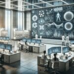 Laboratorio moderno con científicos trabajando en biotecnología y pantallas con datos digitales.