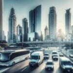 Vehículos corporativos modernos circulando en una gran ciudad latinoamericana, con fondo urbano y luz natural.