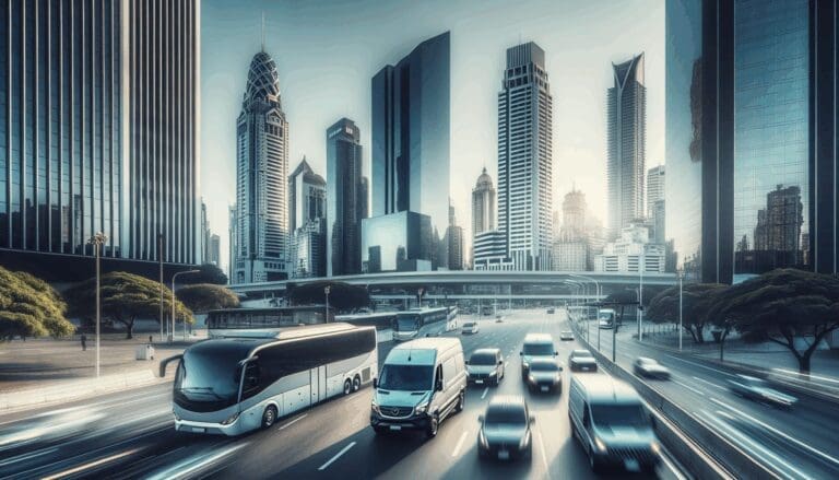 Vehículos corporativos modernos circulando en una gran ciudad latinoamericana, con fondo urbano y luz natural.