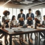 Equipo multicultural de emprendedores revisando propuestas en una sala de reuniones moderna y bien iluminada, ambiente profesional y tecnológico.