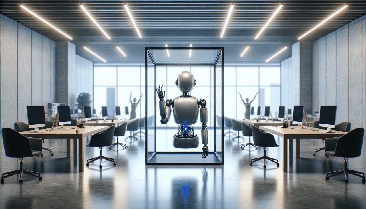 Representación conceptual de inteligencia artificial en un entorno de oficina moderno y minimalista.