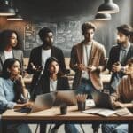 Grupo diverso de jóvenes emprendedores colaborando en un espacio de coworking moderno con pizarras y laptops.