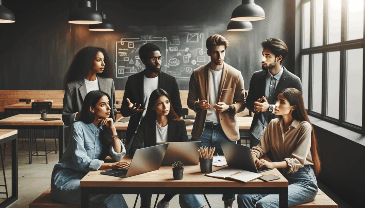 Grupo diverso de jóvenes emprendedores colaborando en un espacio de coworking moderno con pizarras y laptops.