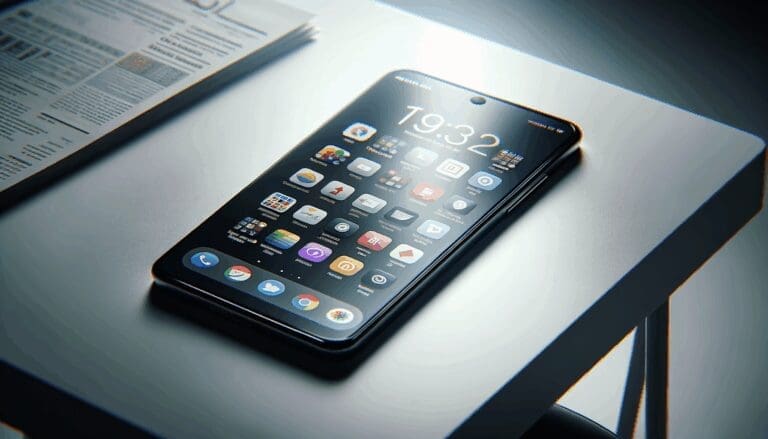 Primer plano de un smartphone con apps tecnológicas iluminadas sobre mesa de trabajo minimalista.