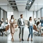 Oficinas modernas con emprendedores colaborando en un entorno tecnológico iluminado