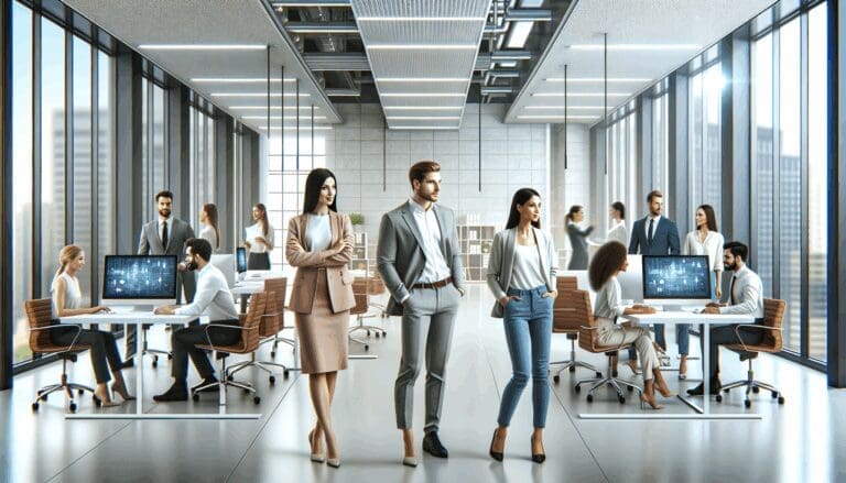 Oficinas modernas con emprendedores colaborando en un entorno tecnológico iluminado