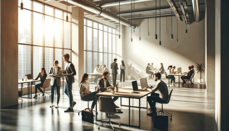 Oficina de coworking moderna y luminosa con jóvenes emprendedores colaborando.