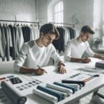 Dos emprendedores jóvenes trabajando juntos en un estudio de diseño de ropa deportiva, rodeados de telas y muestrarios modernos en un ambiente luminoso.
