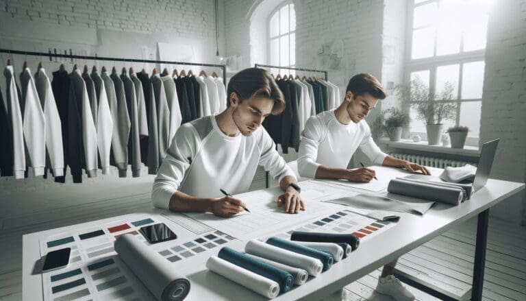 Dos emprendedores jóvenes trabajando juntos en un estudio de diseño de ropa deportiva, rodeados de telas y muestrarios modernos en un ambiente luminoso.