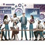 Ilustración de emprendedores debatiendo sobre regulaciones tecnológicas frente a pantallas digitales y gráficos.