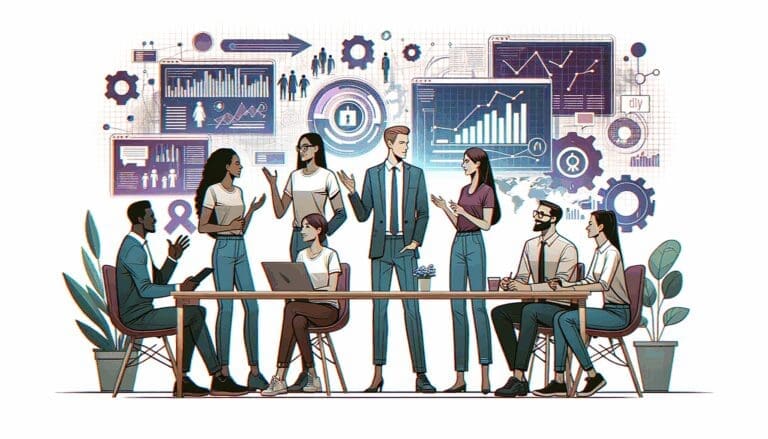 Ilustración de emprendedores debatiendo sobre regulaciones tecnológicas frente a pantallas digitales y gráficos.