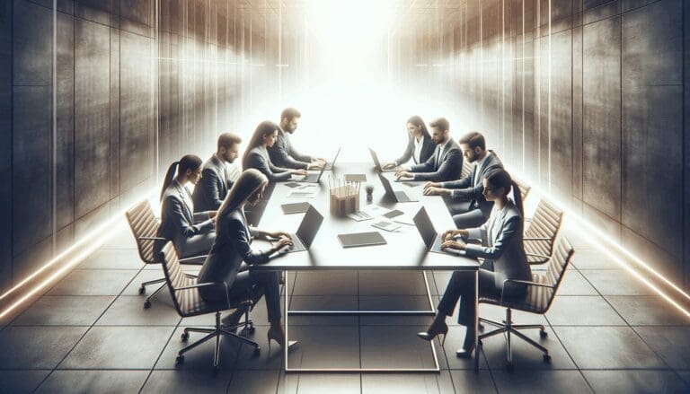 Personas colaborando alrededor de una mesa con portátiles en un ambiente moderno y tecnológico.