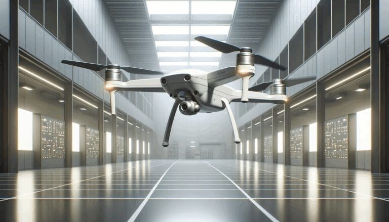 Dron autónomo de tamaño medio en vuelo sobre un entorno industrial moderno y tecnológico.
