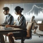 Equipo diverso trabajando con laptops en una oficina moderna, pantalla mostrando gráficos de criptomonedas.