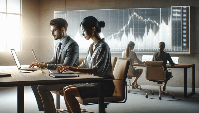 Equipo diverso trabajando con laptops en una oficina moderna, pantalla mostrando gráficos de criptomonedas.