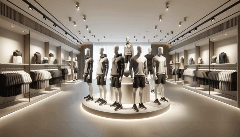 Interior de una tienda de ropa deportiva con maniquíes y un diseño moderno