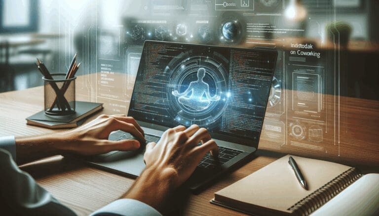 Primer plano de manos programando en laptop con fondo de gráficos digitales futuristas y ambiente de coworking.